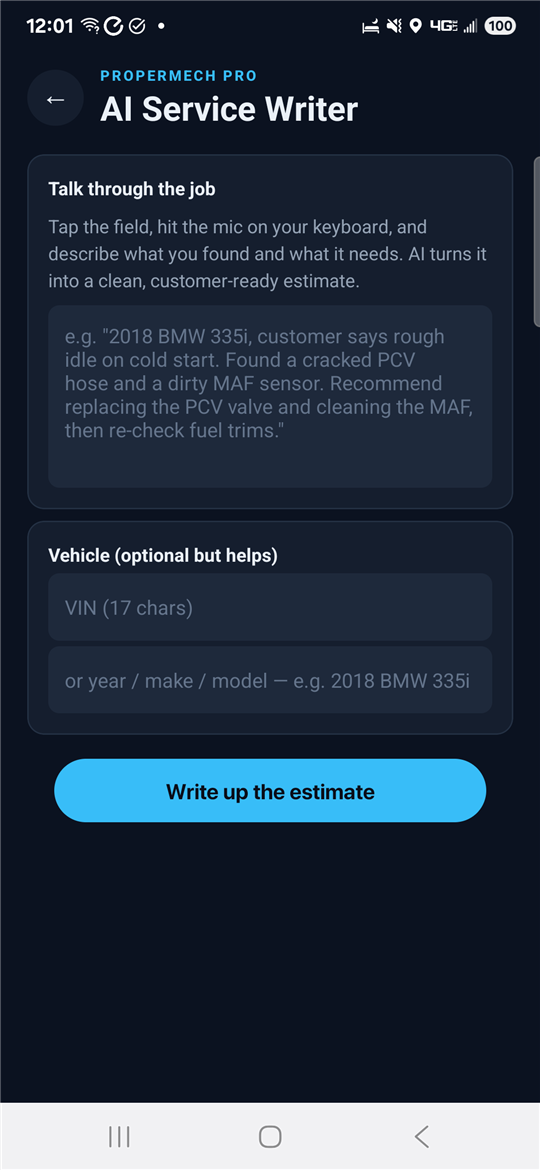 ProperMech Pro Input Screen